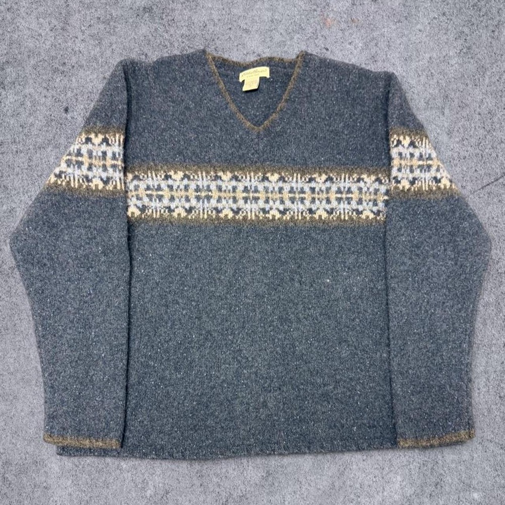 Eddie Bauer Mens Lambswool V-Neck Sweater Navy Blue Fair Isle Shrunk Fits Small